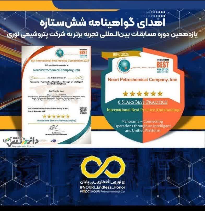 اهدای گواهینامه شش‌ستاره یازدهمین دوره مسابقات بین‌المللی تجربه برتر به شرکت پتروشیمی نوری