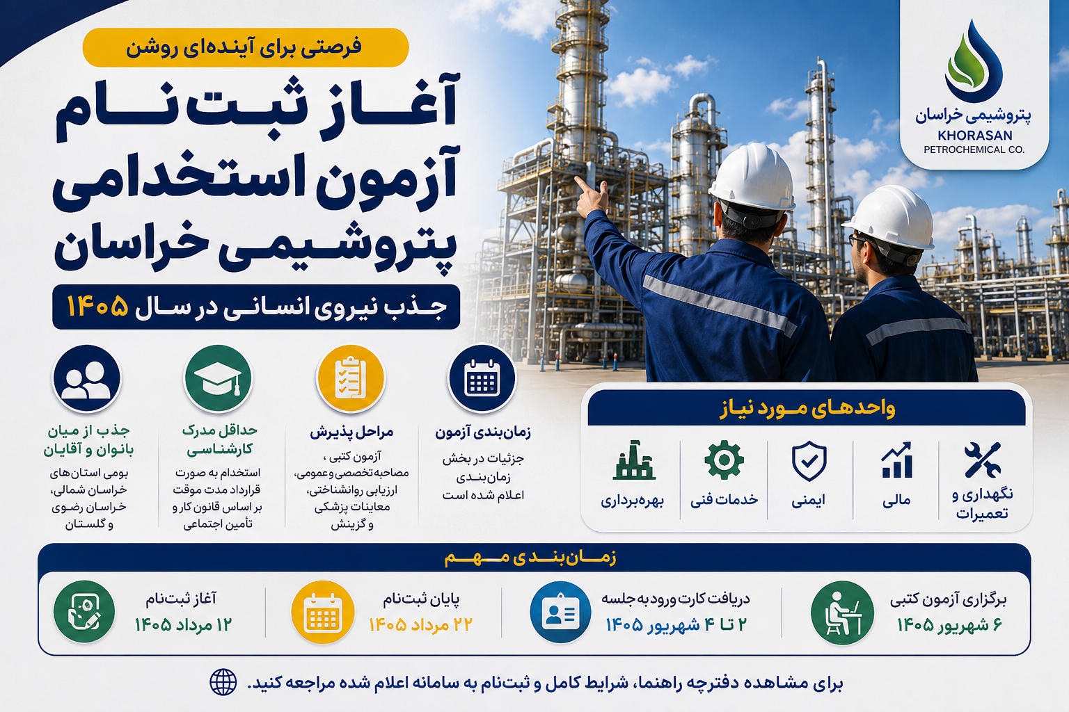 ثبت‌نام آزمون استخدامی پتروشیمی خراسان آغاز شد؛ جذب نیرو برای سال ۱۴۰۵ در چندین واحد تخصصی